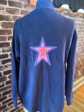 Candace Cameron Bure Novelty Jacquard Open Cardigan Velvet Blue